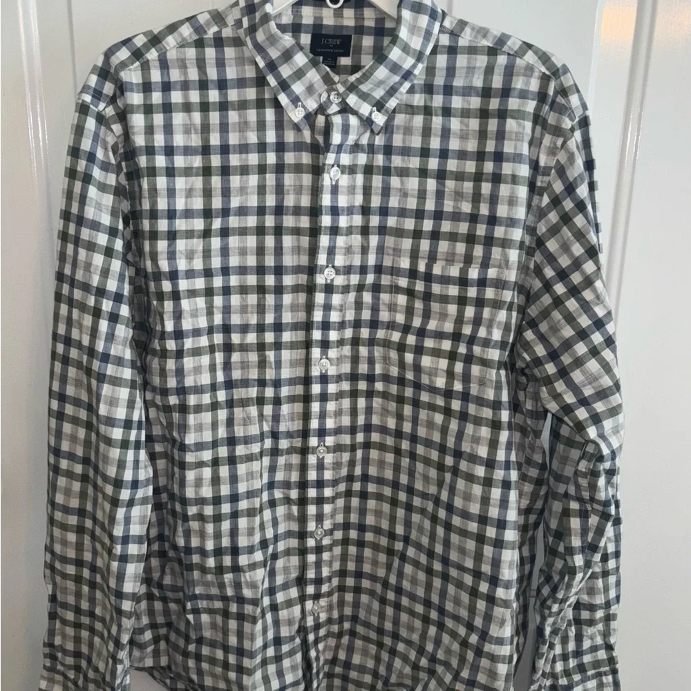 J.Crew Heathered Cotton Slim Fit Gingham Shirt Men’s XL Green Navy Check